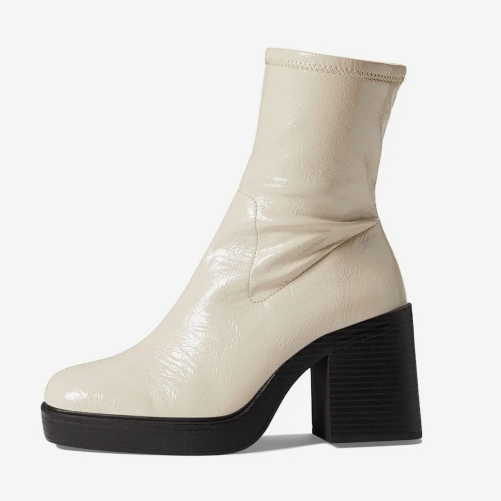 Retro Style - Ecru Vegan Patent Leather Booties - Platform Block Heel - Size 6